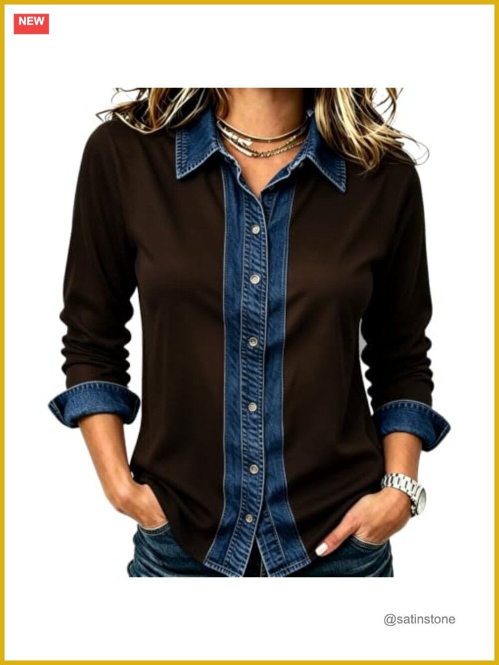 Denim Patchwork Button Down Shirt Women Long Sleeve High Low Hem